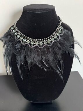 Feathered Black Statement Necklace with Crystal Accents